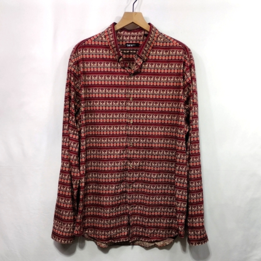 Bar III Christmas Button Shirt Mens XL Red Reindeer Snowflake Holiday Party